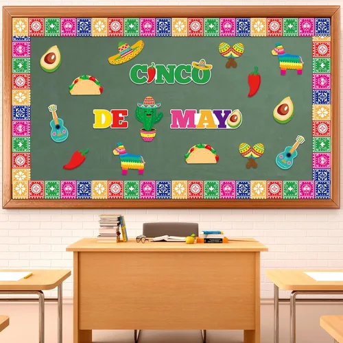 Miniatura 3 de Juego de 82 piezas de decoración de tablón de anuncios del Cinco de Mayo, fiesta mexicana, papel picado, bandera, bordes, tacos de México, llama