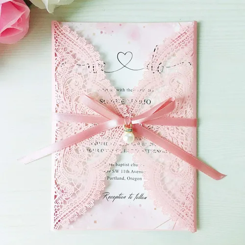 Miniatura 10 de 50 tarjetas de invitaciones de boda de encaje rosa con cintas y sobres para boda, despedida de soltera, compromiso, invitaciones de cumpleaños