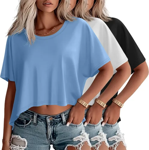 Miniatura 29 de Huukeay Paquete de 3 camisetas recortadas de gran tamaño para mujer, manga corta, holgadas, cuello redondo, holgadas, para entrenamiento