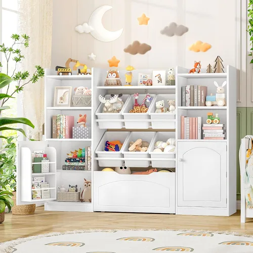 Miniatura 6 de FINETONES Organizador de almacenamiento de juguetes de 55 pulgadas con 6 contenedores de juguetes, estantería grande 5 en 1 para niños con cofres
