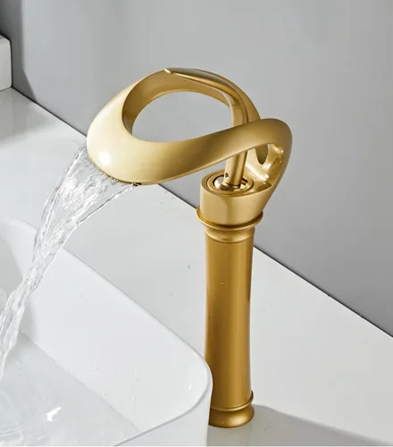 Miniatura 6 de Grifo de Lavabo para Baño de Diseño Alto y Hueco en Estilo Granja, con Boquilla en Cascada de Oro Antiguo, de una Sola Manija, de un Solo Agujero
