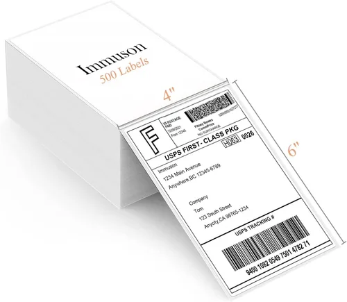 Immuson Fanfold - Etiquetas térmicas directas de 4 x 6 pulgadas, 500 etiquetas/apilamiento, adhesivo permanente, etiquetas de correo blancas para
