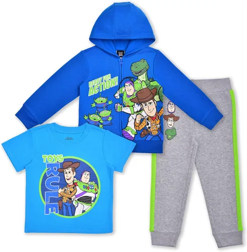Disney Toy Story Boys T-Shirt, Zip Up Hoodie and Jogger Pants Set for Toddler and Little Kids GreenBlue