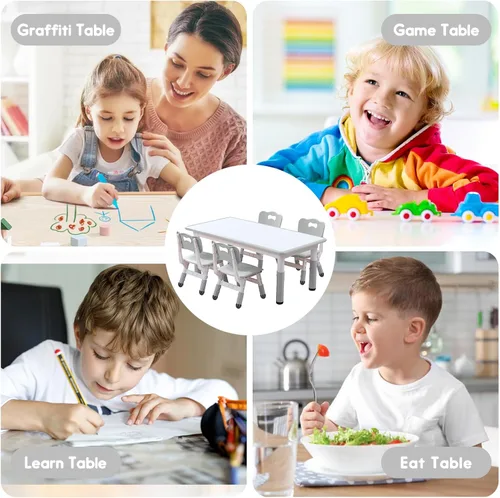 Miniatura 7 de Juego de mesa y silla para niños pequeños, centro de actividades ajustable con patas antideslizantes y superficie a prueba de graffiti de 3 a 12 años