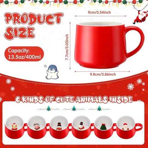 Miniatura 2 de Uiifan 6 piezas Tazas de café de Navidad 3D 375 ml Tazas de chocolate caliente Cerámica Muñeco de nieve Papá Noel Árbol de Navidad Pingüino Taza