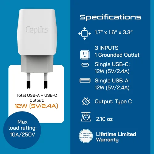 Miniatura 4 de Ceptics Enchufe adaptador de viaje europeo, Egipto con doble USB, tipo C, entrada de Estados Unidos, peso ligero, perfecto para teléfonos celulares
