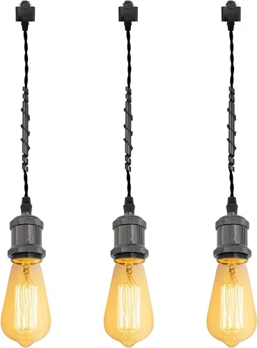 Miniatura 25 de Kiven 3 luces H System Track Mini colgante, soporte de lámpara con acabado negro perla, kit de luces de riel, colgante de rosa, tela trenzada
