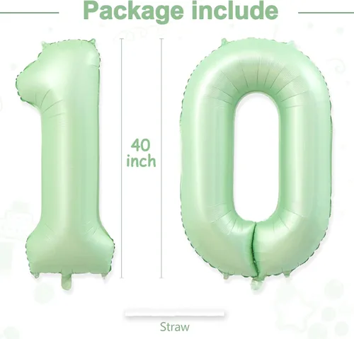 Miniatura 3 de Globos gigantes con el número 10, globos de aluminio de color verde claro de 40 pulgadas, globos gigantes de helio número 10 para niños y niñas