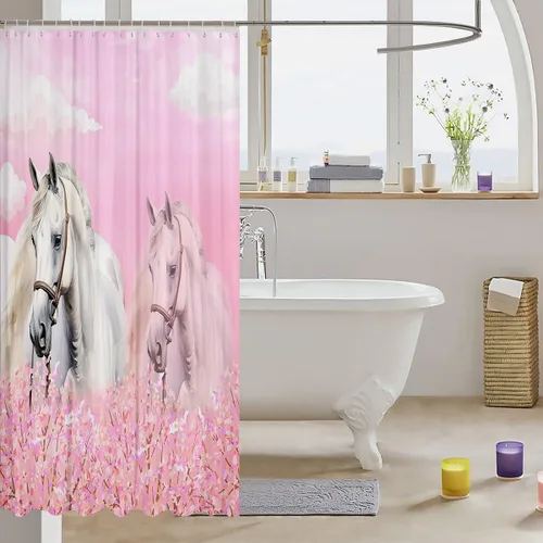 Miniatura 3 de Erosebridal Cortina de ducha de caballo para niñas, 72 pulgadas de ancho x 78 pulgadas de largo, cortina de baño con diseño de flores de cerezo