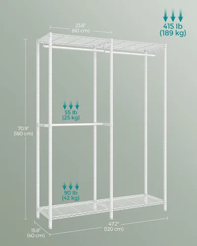 Miniatura 6 de SONGMICS Perchero de ropa, armario independiente, percheros de metal, perchero resistente con estantes ajustables, varillas para colgar, dividible