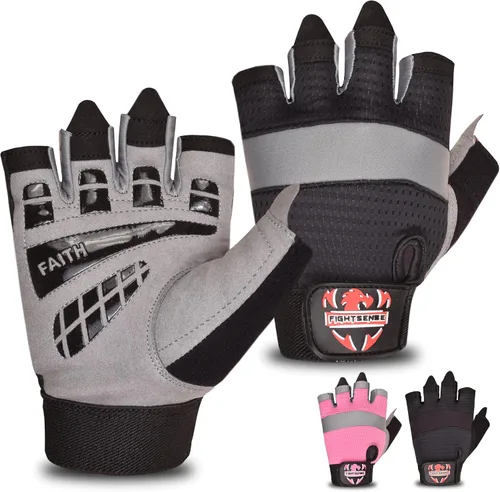 FIGHTSENSE Guantes de entrenamiento para hombres y mujeres, guantes de levantamiento de pesas con agarre mejorado, palma acolchada, correas de Gris