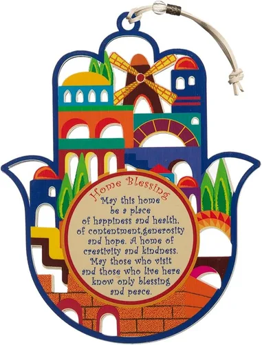 Miniatura 10 de Decoración de pared Hamsa de la buena suerte con bendición del hogar en inglés de 19 cm con motivo de granadas púrpuras - Mano Hamsa para colgar