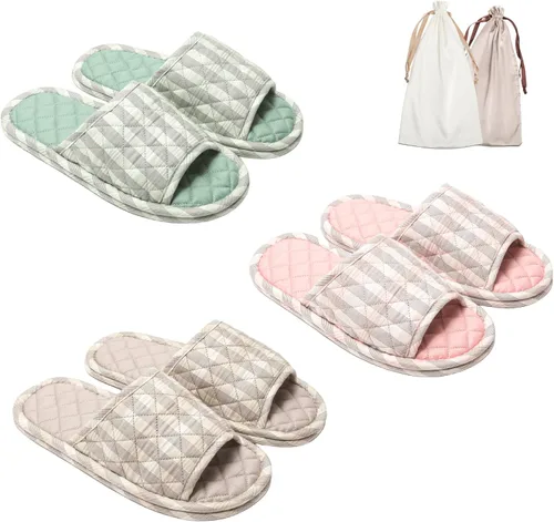 Miniatura 8 de 3 pares de zapatillas de casa florales de algodón para mujeres, zapatillas interiores de punta abierta cómodas lavables portátiles plegables