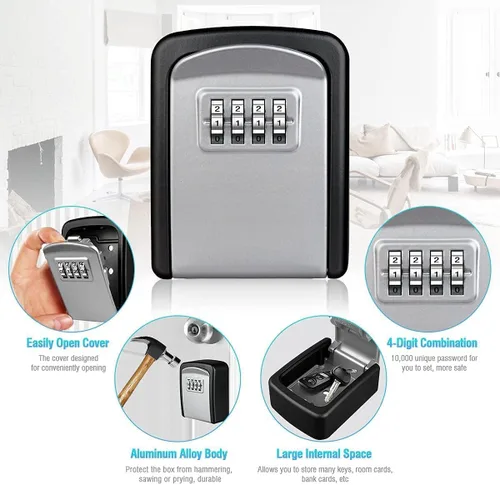 Miniatura 7 de Caja de bloqueo de llave reiniciable de 4 dígitos, aleación de zinc antirrobo para montaje en pared, segura, resistente a la intemperie, a prueba