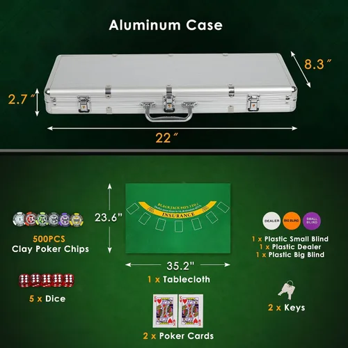 Miniatura 7 de ORIENGEAR Juego de fichas de póquer con denominaciones, viene con 500 fichas de casino compuestas de arcilla de 0.49 oz, 2 cartas, funda de aluminio