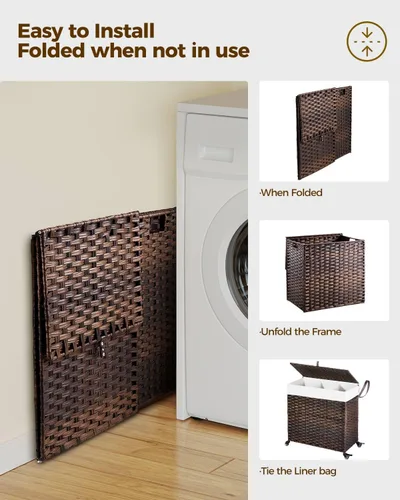 Miniatura 107 de GREENSTELL Cesta para ropa sucia con ruedas y tapa, 130 L, cesta grande de 3 secciones con 2 tipos de bolsas de forro extraíbles, 5 bolsas de malla