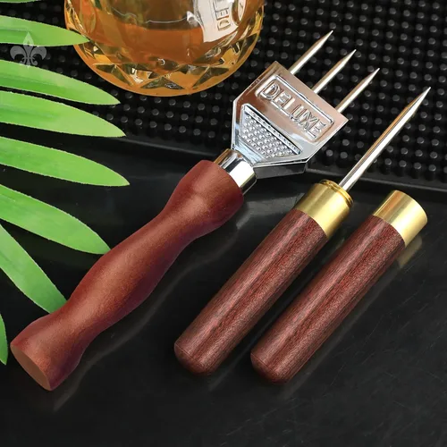 Miniatura 3 de Juego de 2 palillos de hielo de tres puntas, palillo de hielo de acero inoxidable con mango de madera antideslizante, herramienta de camarero