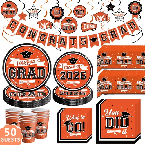 Miniatura 8 de DAZONGE Decoraciones de graduación 2026 rojo y negro, kit de vajilla desechable de 265 piezas para 50 invitados, platos, servilletas, vasos, mantel