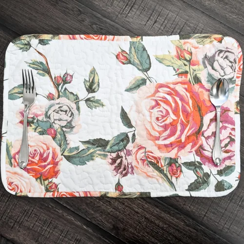 Miniatura 6 de DaDa Bedding - Juego de 4 manteles individuales para mesa de comedor, diseño de rosas románticas, de algodón, acolchado, para jardín, casa de campo