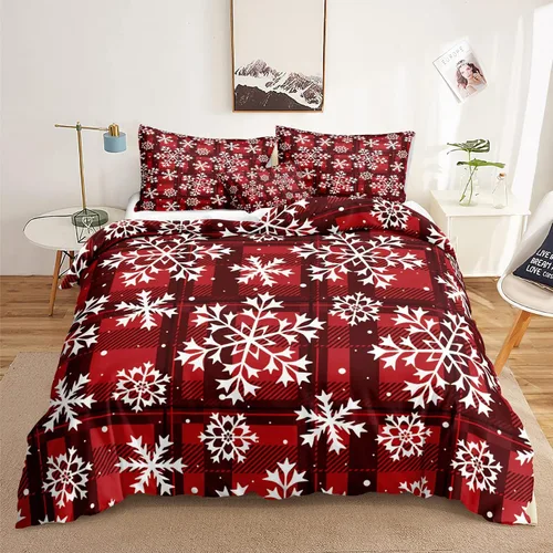 Miniatura 22 de Juego de ropa de cama de Navidad con funda de edredón de copos de nieve, color blanco y rojo, con estampado navideño, juego de ropa de cama festiva