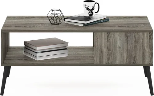 Miniatura 4 de Furinno Claude - Mesa de centro estilo mediados de siglo con patas de madera, color gris roble francés, parte superior grande sin elevación