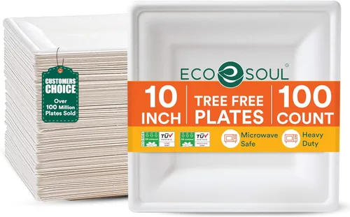 ECO SOUL Platos de papel compostables de 10 pulgadas, paquete de 100 – Platos de papel desechables resistentes, bagazo de caña de azúcar