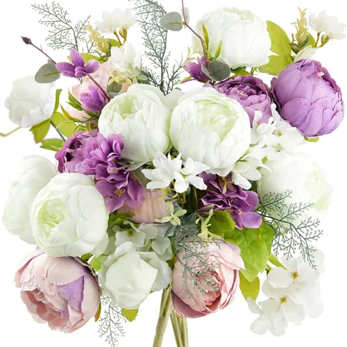 Miniatura 24 de FiveSeasonStuff - Peonías y hortensias artificiales de seda, ideal para decoración de bodas, novias, hogar, decoración de centro de mesa (2 ramos).