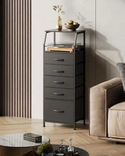Miniatura 6 de WLIVE Cómoda de tela negra para dormitorio, mesita de noche alta con 5 cajones y 2 estantes abiertos, moderno organizador de mesita de noche, mesita