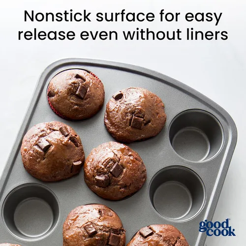 Miniatura 8 de GoodCook Everyday - Molde para muffins de acero antiadherente para 12 tazas, color gris