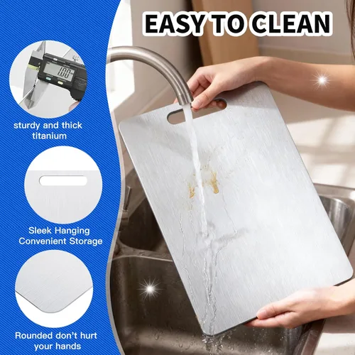 Miniatura 7 de Juego de 3 tablas de cortar de titanio para cocina, tablas de cortar de doble cara de metal de grado alimenticio para encimera de cocina, carne