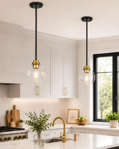Miniatura 7 de Luces Colgantes para Isla de Cocina, 7" Luminarias Colgantes Negras y Doradas con Pantalla de Globo de Vidrio Transparente, Iluminación Moderna