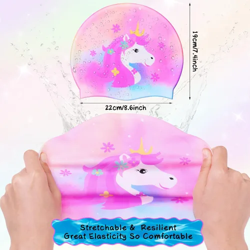 Miniatura 2 de Syhood Gorras de natación para niños, 3 unidades, impermeables, gorro de natación de dibujos animados para cabello largo y corto, para niños y niñas