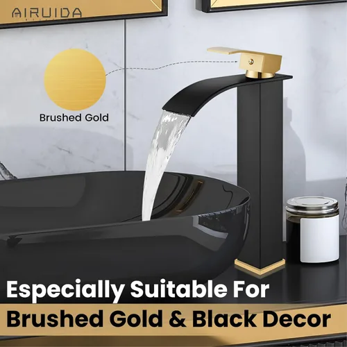Miniatura 9 de Airuida - Grifo de cascada para baño, grifo de lavabo alto para mueble de baño, en negro mate y oro cepillado, moderno, con un solo agujero, manija