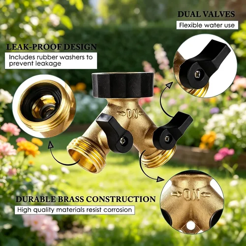Miniatura 2 de Dalmbox Divisor de manguera de jardín de 2 vías, adaptador de manguera de jardín de latón con conector Y, divisor de manguera de agua, válvula