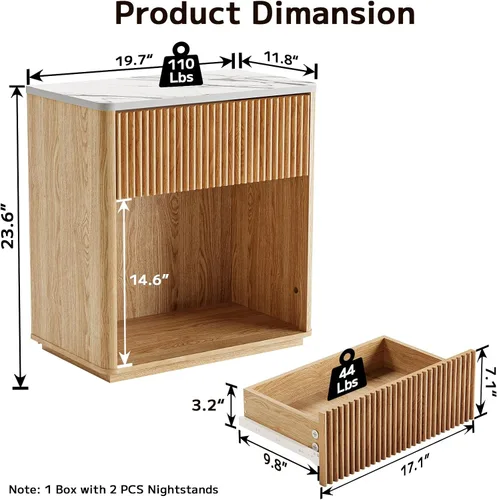 Miniatura 2 de Juego de 2 mesitas de noche acanaladas modernas para dormitorio, juego de mesita de noche de mediados de siglo con parte superior y cajón de mármol