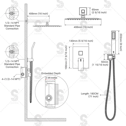 Miniatura 37 de SR SUN RISE ORB - Juego de cabezal de ducha cuadrado y mango de lluvia, accesorios de ducha montados en la pared, kits de reparación de grifo