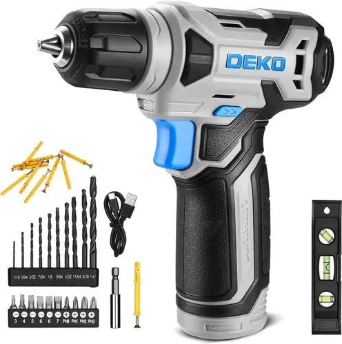 Miniatura 10 de Taladro inalámbrico DEKOPRO de 8 V, juego de taladro con mandril sin llave de 3/8 pulgadas, 42 piezas de accesorios, LED incorporado, cable de carga