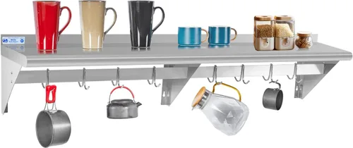 Miniatura 8 de Hally Estante de Acero Inoxidable con 6 Ganchos 12" x 36" Estante para Ollas Montado en Pared, Estantería Flotante Comercial NSF para Almacenamiento