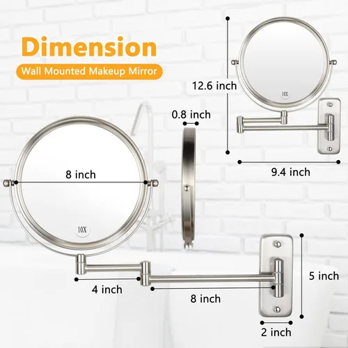 Miniatura 4 de Espejo de Maquillaje de Pared - Aumento 10x de 8'' de Doble Cara Giratorio Extensible Espejo de Baño con Acabado de Níquel 8 "10x Níquel-sin LED