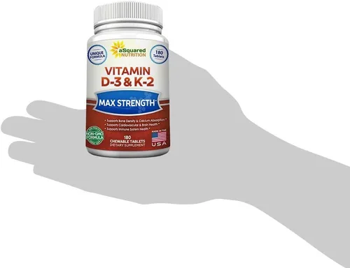 Miniatura 9 de aSquared Nutrition Vitamina D3 con suplemento K2-180 tabletas masticables, colecalciferol D-3 de fuerza máxima y K-2 MK7 para apoyar huesos