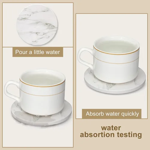 Miniatura 2 de Juego de 6 posavasos de mármol blanco – Posavasos redondos absorbentes de cerámica con soporte para salón, bar, café, taza, mesa, escritorio