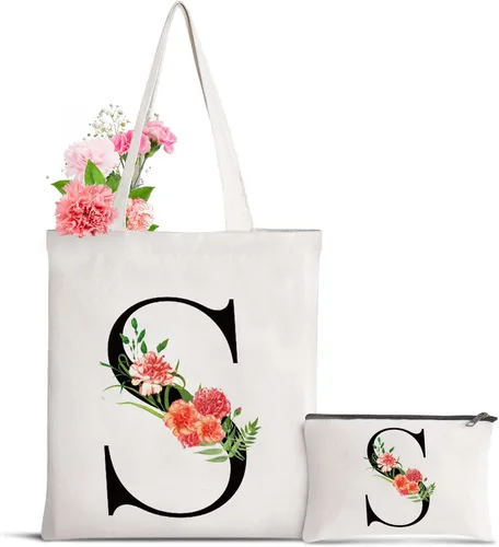 Miniatura 11 de Bolsa de lona con letra inicial personalizada, regalo para el día de la madre, damas de honor, novia, cumpleaños, boda Flower-D