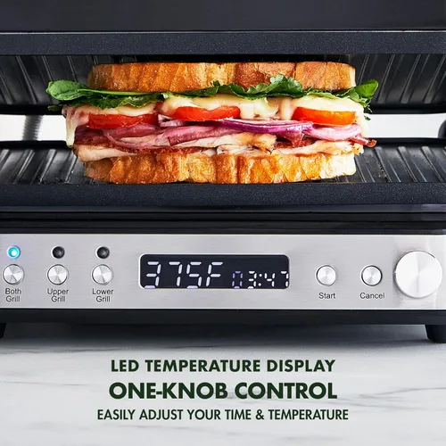 Miniatura 6 de GreenPan Parrilla Eléctrica para Interior de Acero Inoxidable 6 en 1 y Plancha, Antiadherente de Cerámica Saludable, Placas Reversibles Aptas