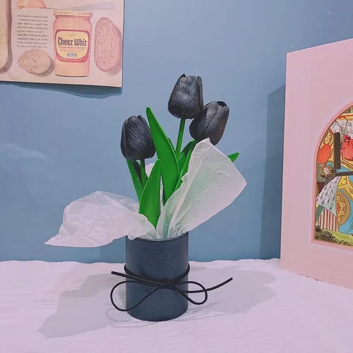 Miniatura 7 de UKELER 24 piezas de flores negras de tulipán, flores artificiales de poliuretano de tacto real para decoración del hogar, centros de mesa, arreglo