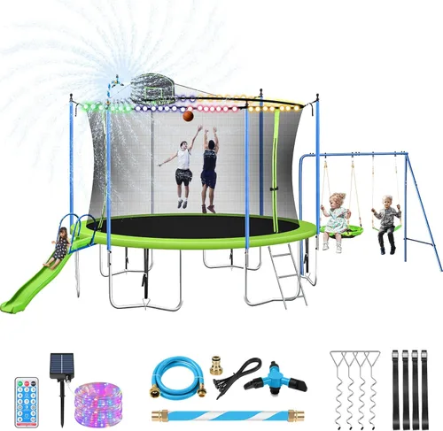 Lyromix - Trampolín de 12 pies y 14 pies con tobogán y columpios, trampolín al aire libre aprobado por ASTM con aro de baloncesto y escalera, Verde