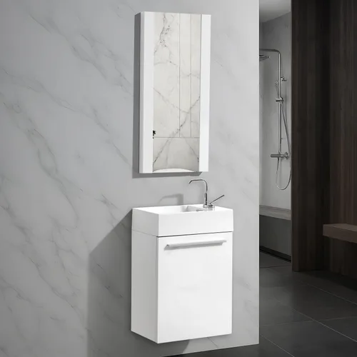 Miniatura 12 de Blossom Tocador de baño pequeño de 18 pulgadas con fregadero, gabinete flotante de madera maciza, resistente a la humedad, fregadero de profundidad