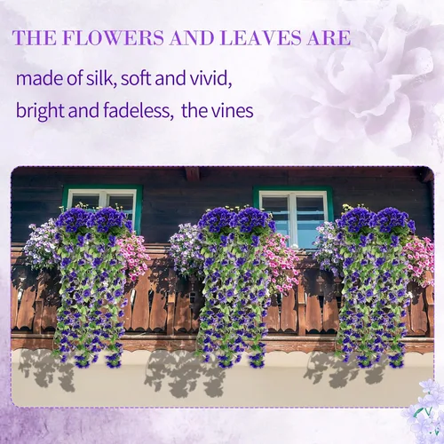 Miniatura 2 de XunYee Paquete de 4 flores artificiales colgantes para exteriores, plantas colgantes falsas de 5 pétalos de seda violeta, plantas de simulación