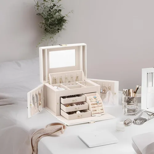 Miniatura 5 de vlando joyero organizador clásico de piel sintética con espejo y con llave