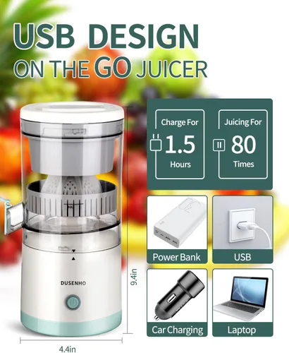Miniatura 2 de DUSENHO Exprimidor eléctrico recargable – Máquinas de cítricos con USB y cepillo de limpieza portátil para naranja, limón, pomelo blanco + verde 9.4