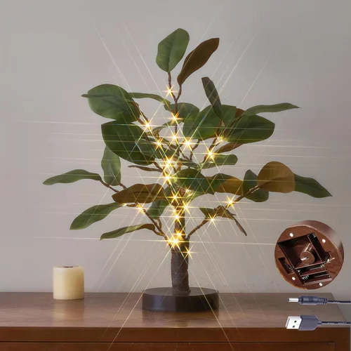 Hairui Árbol de magnolia iluminado con temporizador de 18 pulgadas, 35 luces LED, funciona con pilas o enchufe USB, árbol de mesa de vegetación